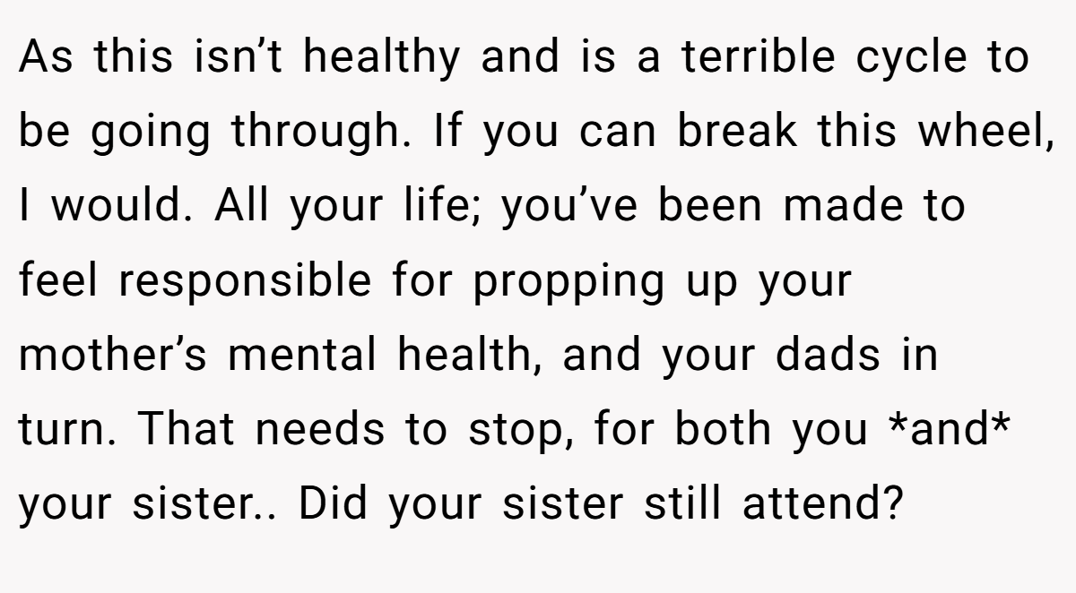 As this isn’t healthy and is a terrible cycle to be going through. If you can break this wheel, I would. All your life; you’ve been made to feel responsible for propping up your mother’s mental health, and your dads in turn. That needs to stop, for both you *and* your sister.. Did your sister still attend?
