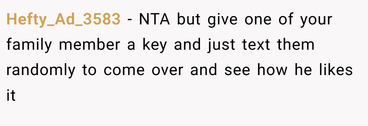 Hefty_Ad_3583 - NTA but give one of your family member a key and just text them randomly to come over and see how he likes it