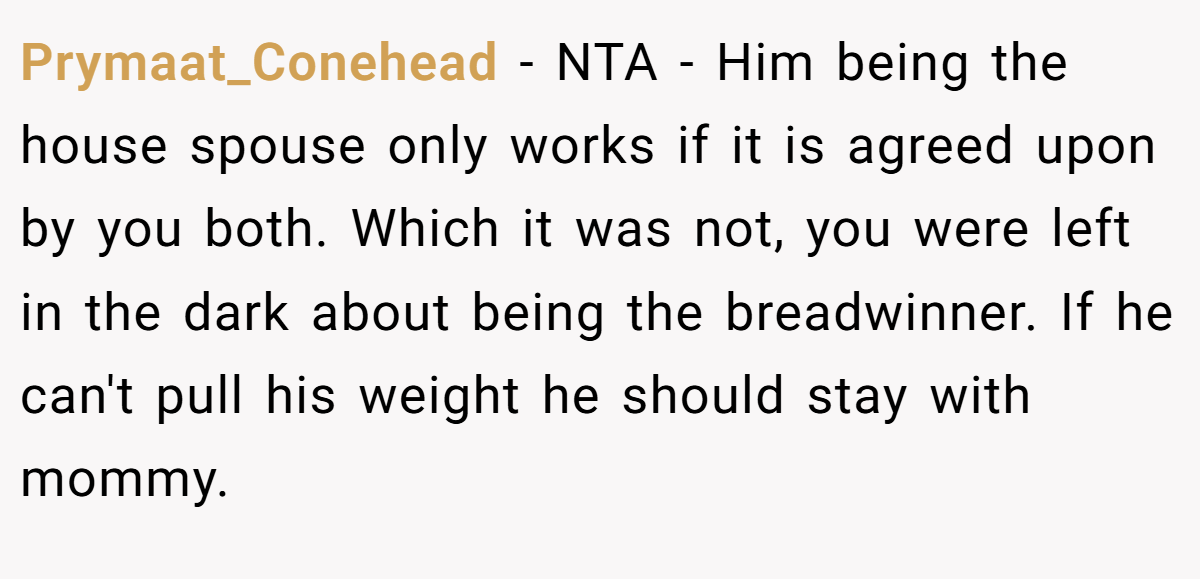 Prymaat_Conehead − NTA - Him being the house spouse only works if it is agreed upon by you both. Which it was not, you were left in the dark about being the breadwinner. If he can't pull his weight he should stay with mommy.
