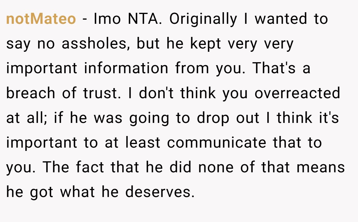 notMateo − Imo NTA. Originally I wanted to say no assholes, but he kept very very important information from you. That's a breach of trust. I don't think you overreacted at all; if he was going to drop out I think it's important to at least communicate that to you. The fact that he did none of that means he got what he deserves.