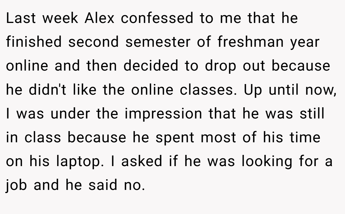 Last week Alex confessed to me that he finished second semester of freshman year online and then decided to drop out because he didn't like the online classes. Up until now, I was under the impression that he was still in class because he spent most of his time on his laptop. I asked if he was looking for a job and he said no.