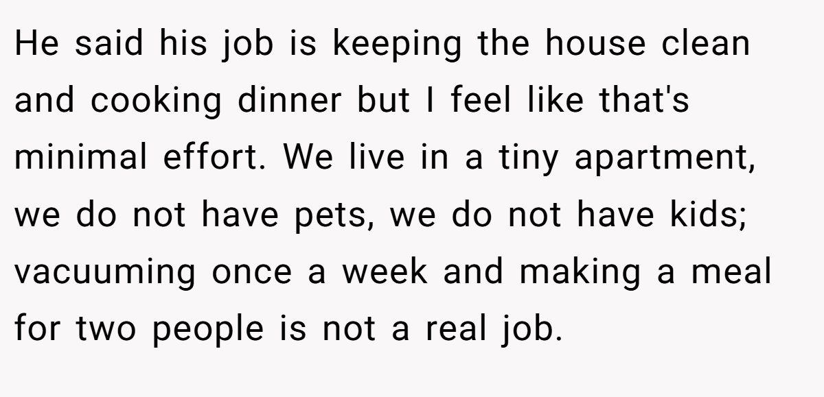 He said his job is keeping the house clean and cooking dinner but I feel like that's minimal effort. We live in a tiny apartment, we do not have pets, we do not have kids; vacuuming once a week and making a meal for two people is not a real job.