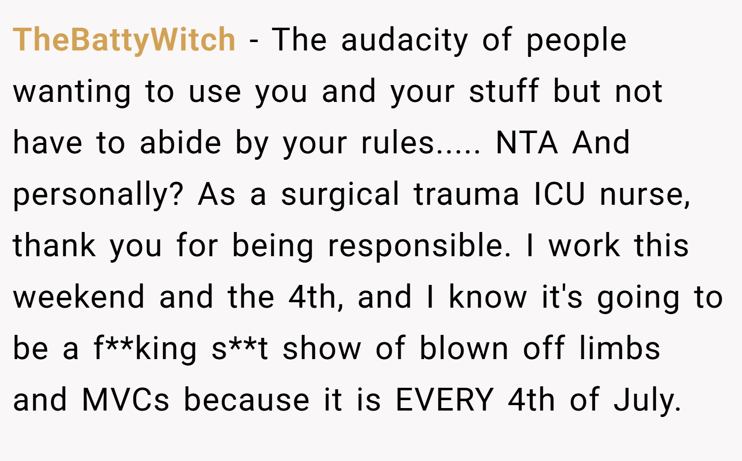 TheBattyWitch − The audacity of people wanting to use you and your stuff but not have to abide by your rules..... NTA And personally? As a surgical trauma ICU nurse, thank you for being responsible. I work this weekend and the 4th, and I know it's going to be a f**king s**t show of blown off limbs and MVCs because it is EVERY 4th of July.
