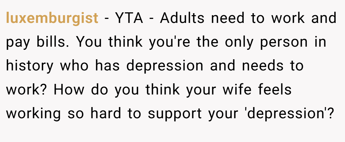 luxemburgist − YTA - Adults need to work and pay bills. You think you're the only person in history who has depression and needs to work? How do you think your wife feels working so hard to support your 'depression'?