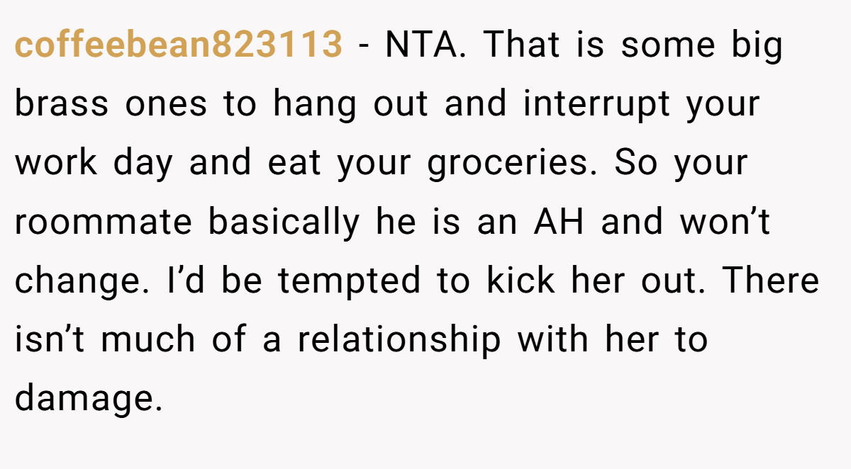 coffeebean823113 - NTA. That is some big brass ones to hang out and interrupt your work day and eat your groceries. So your roommate basically he is an AH and won’t change. I’d be tempted to kick her out. There isn’t much of a relationship with her to damage.