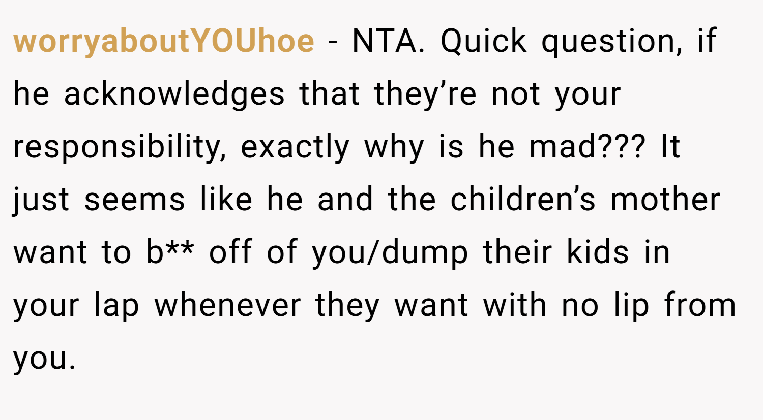 worryaboutYOUhoe − NTA. Quick question, if he acknowledges that they’re not your responsibility, exactly why is he mad??? It just seems like he and the children’s mother want to b** off of you/dump their kids in your lap whenever they want with no lip from you.