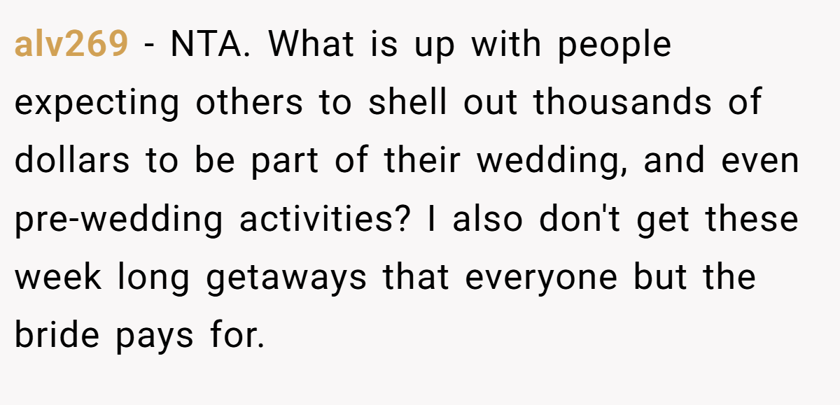 alv269 - NTA. What is up with people expecting others to shell out thousands of dollars to be part of their wedding, and even pre-wedding activities? I also don't get these week long getaways that everyone but the bride pays for.
