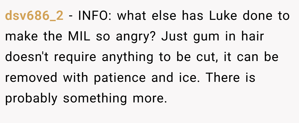 dsv686_2 − INFO: what else has Luke done to make the MIL so angry? Just gum in hair doesn't require anything to be cut, it can be removed with patience and ice. There is probably something more.