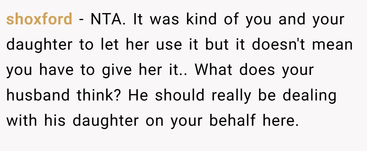 shoxford − NTA. It was kind of you and your daughter to let her use it but it doesn't mean you have to give her it.. What does your husband think? He should really be dealing with his daughter on your behalf here.