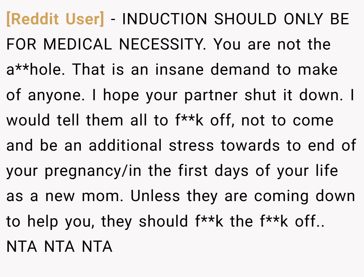[Reddit User] − INDUCTION SHOULD ONLY BE FOR MEDICAL NECESSITY. You are not the a**hole. That is an insane demand to make of anyone. I hope your partner shut it down. I would tell them all to f**k off, not to come and be an additional stress towards to end of your pregnancy/in the first days of your life as a new mom. Unless they are coming down to help you, they should f**k the f**k off.. NTA NTA NTA