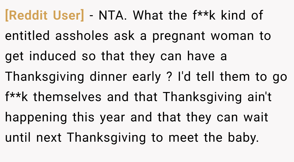 [Reddit User] − NTA. What the f**k kind of entitled assholes ask a pregnant woman to get induced so that they can have a Thanksgiving dinner early ? I'd tell them to go f**k themselves and that Thanksgiving ain't happening this year and that they can wait until next Thanksgiving to meet the baby.
