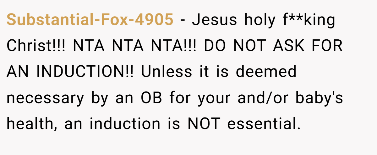 Substantial-Fox-4905 − Jesus holy f**king Christ!!! NTA NTA NTA!!! DO NOT ASK FOR AN INDUCTION!! Unless it is deemed necessary by an OB for your and/or baby's health, an induction is NOT essential.