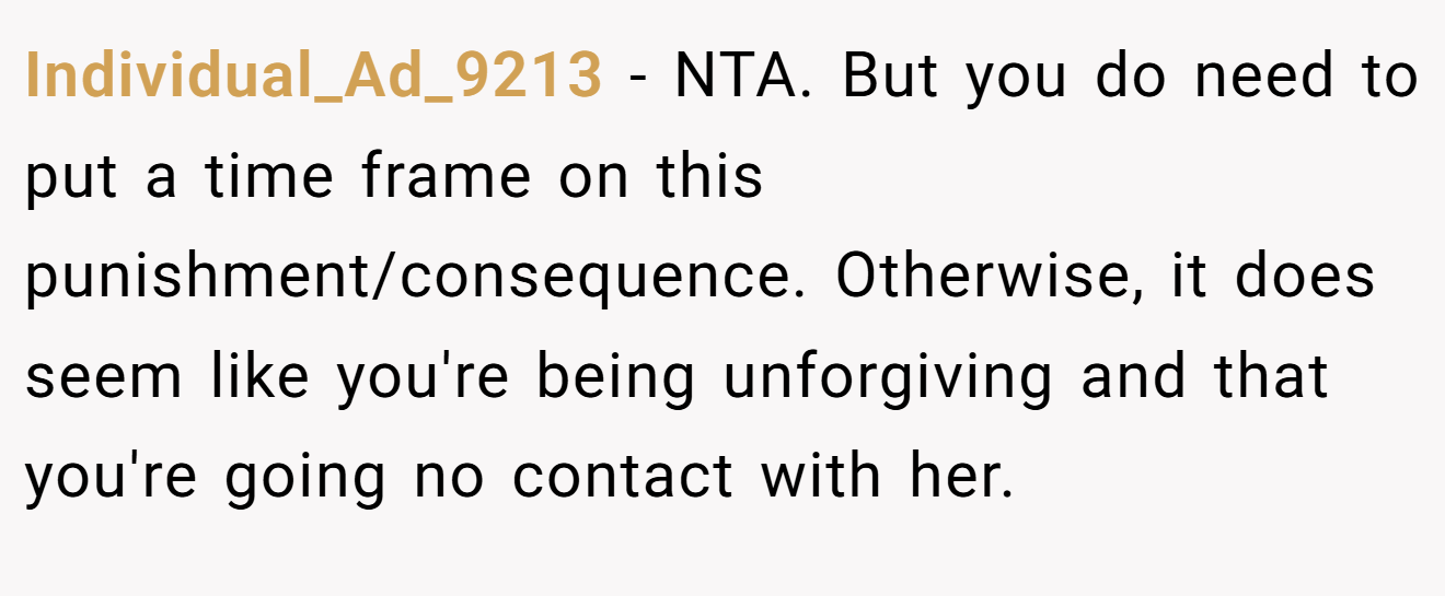 Individual_Ad_9213 - NTA. But you do need to put a time frame on this punishment/consequence. Otherwise, it does seem like you're being unforgiving and that you're going no contact with her.