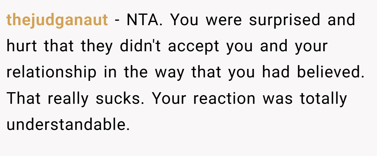 thejudganaut − NTA. You were surprised and hurt that they didn't accept you and your relationship in the way that you had believed. That really sucks. Your reaction was totally understandable.