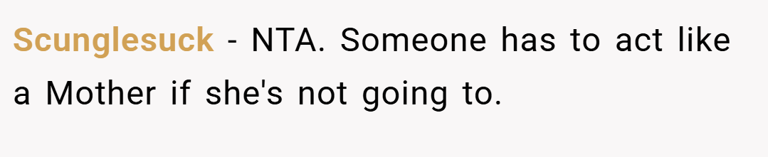 Scunglesuck − NTA. Someone has to act like a Mother if she's not going to.