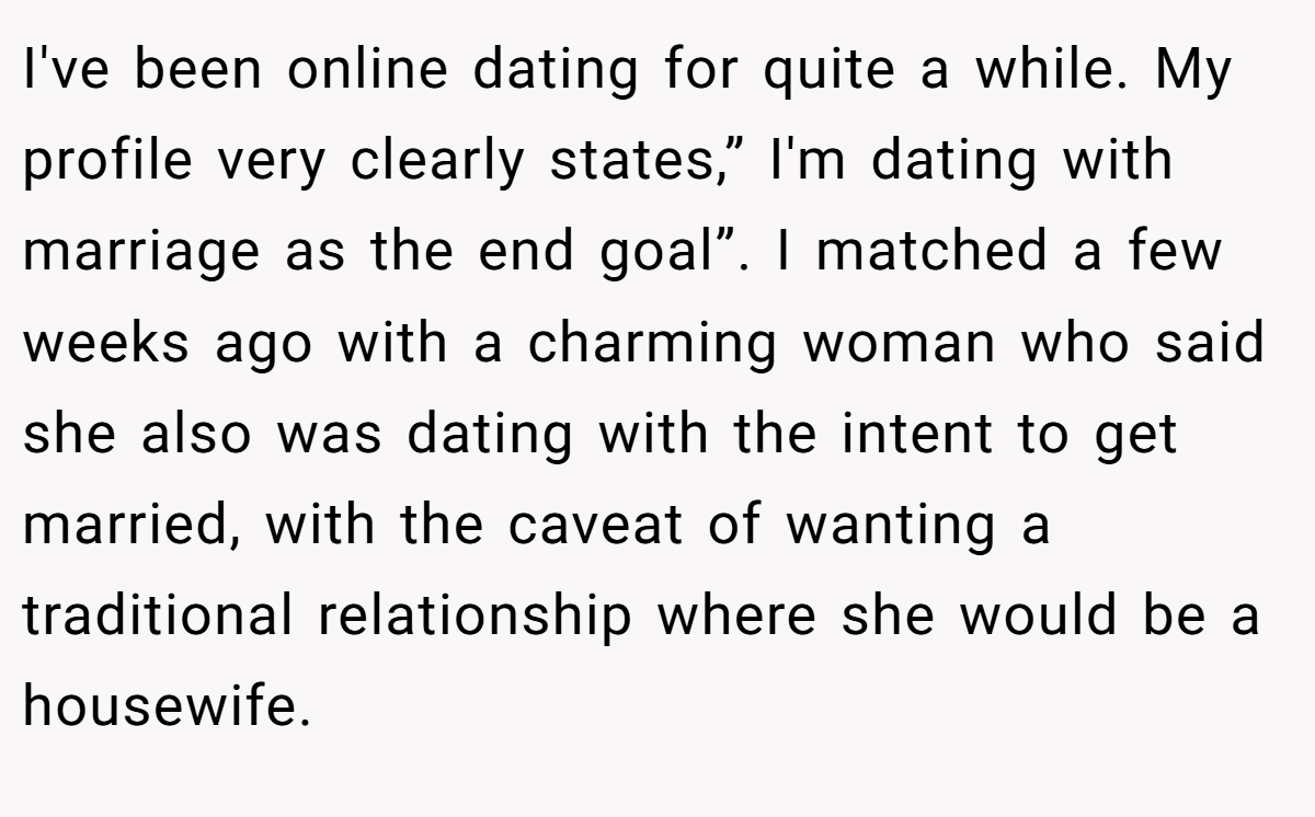 I've been online dating for quite a while. My profile very clearly states,” I'm dating with marriage as the end goal”. I matched a few weeks ago with a charming woman who said she also was dating with the intent to get married, with the caveat of wanting a traditional relationship where she would be a housewife.