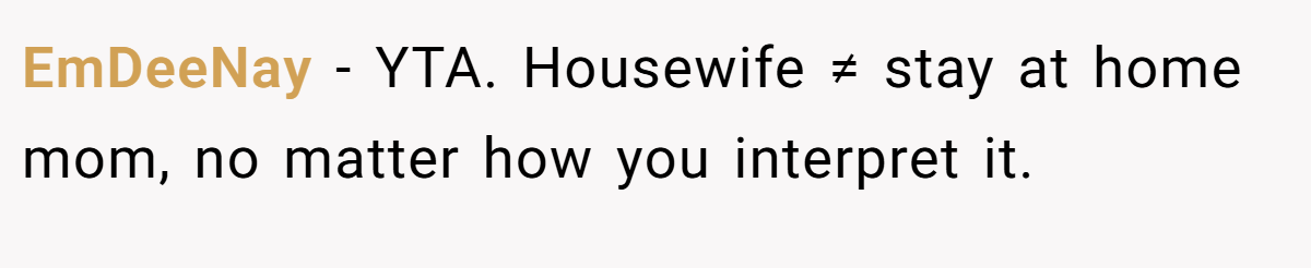 EmDeeNay - YTA. Housewife ≠ stay at home mom, no matter how you interpret it.