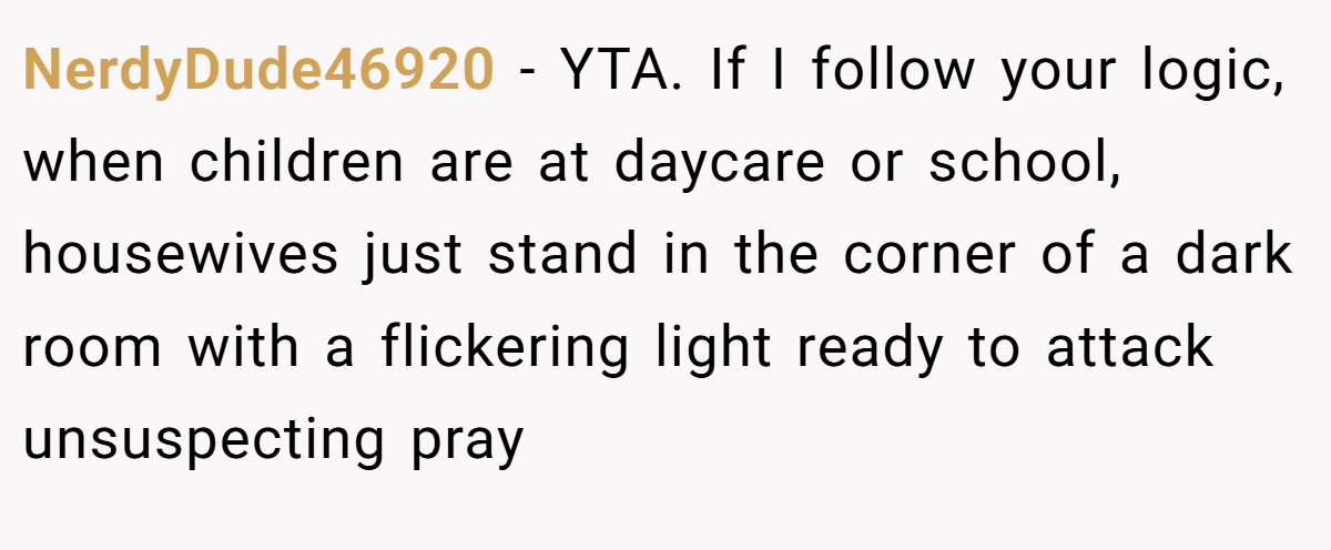 NerdyDude46920 - YTA. If I follow your logic, when children are at daycare or school, housewives just stand in the corner of a dark room with a flickering light ready to attack unsuspecting pray