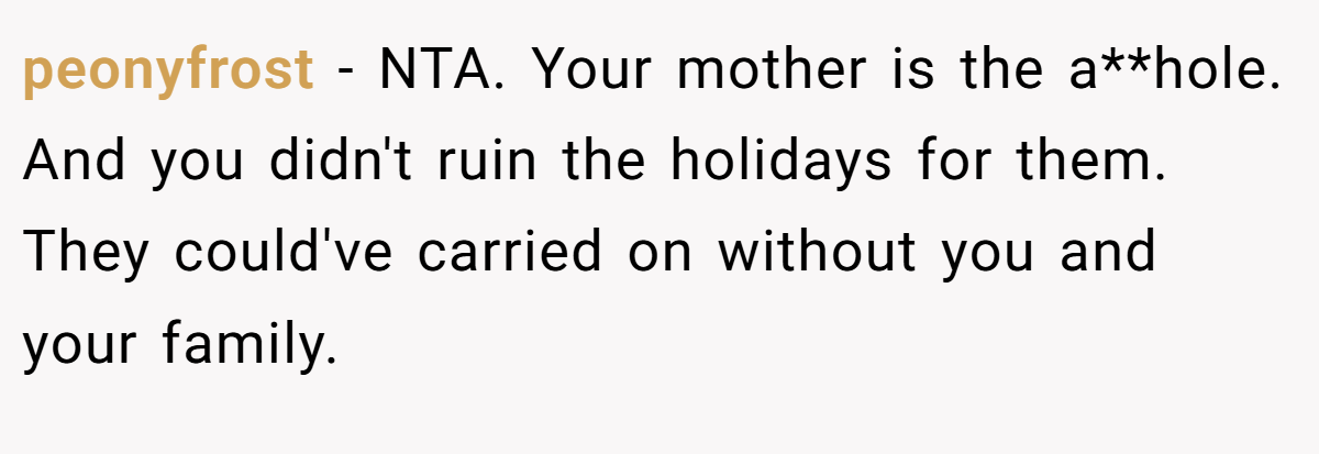 peonyfrost − NTA. Your mother is the a**hole. And you didn't ruin the holidays for them. They could've carried on without you and your family.