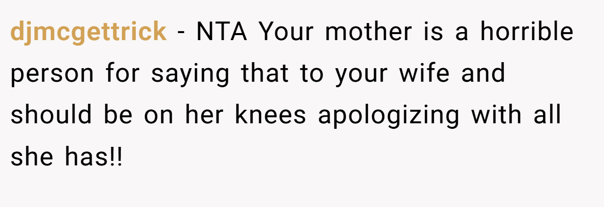 djmcgettrick − NTA Your mother is a horrible person for saying that to your wife and should be on her knees apologizing with all she has!!