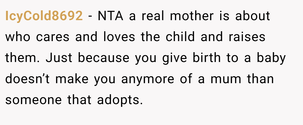 IcyCold8692 − NTA a real mother is about who cares and loves the child and raises them. Just because you give birth to a baby doesn’t make you anymore of a mum than someone that adopts.