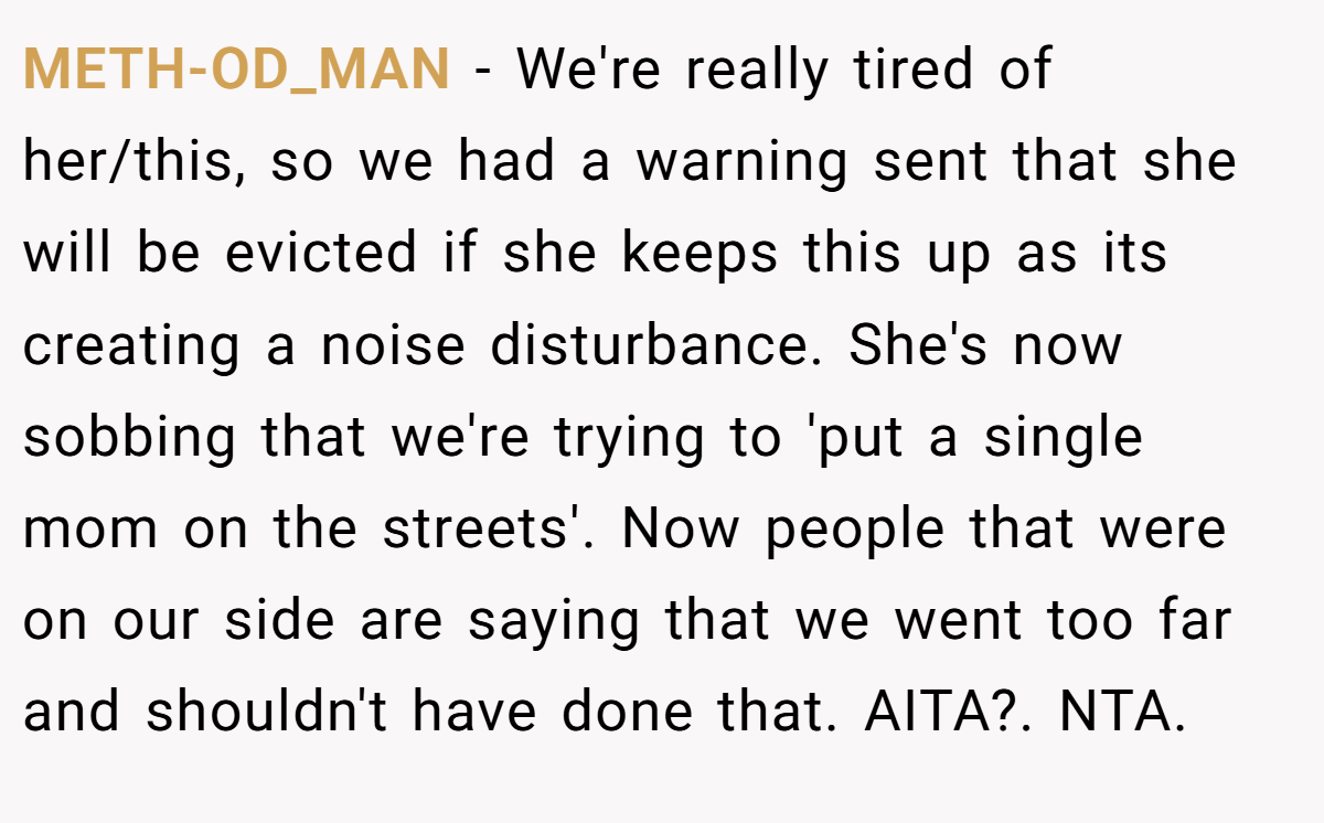 METH-OD_MAN - We're really tired of her/this, so we had a warning sent that she will be evicted if she keeps this up as its creating a noise disturbance. She's now sobbing that we're trying to 'put a single mom on the streets'. Now people that were on our side are saying that we went too far and shouldn't have done that. AITA?. NTA.