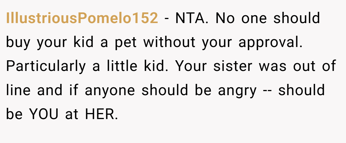 IllustriousPomelo152 − NTA. No one should buy your kid a pet without your approval. Particularly a little kid. Your sister was out of line and if anyone should be angry -- should be YOU at HER.