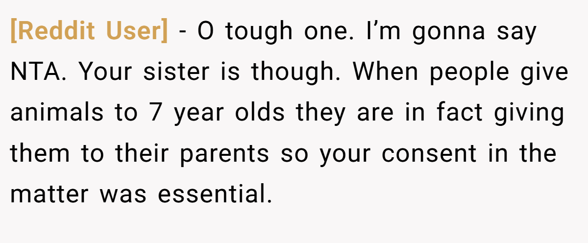 [Reddit User] − O tough one. I’m gonna say NTA. Your sister is though. When people give animals to 7 year olds they are in fact giving them to their parents so your consent in the matter was essential.