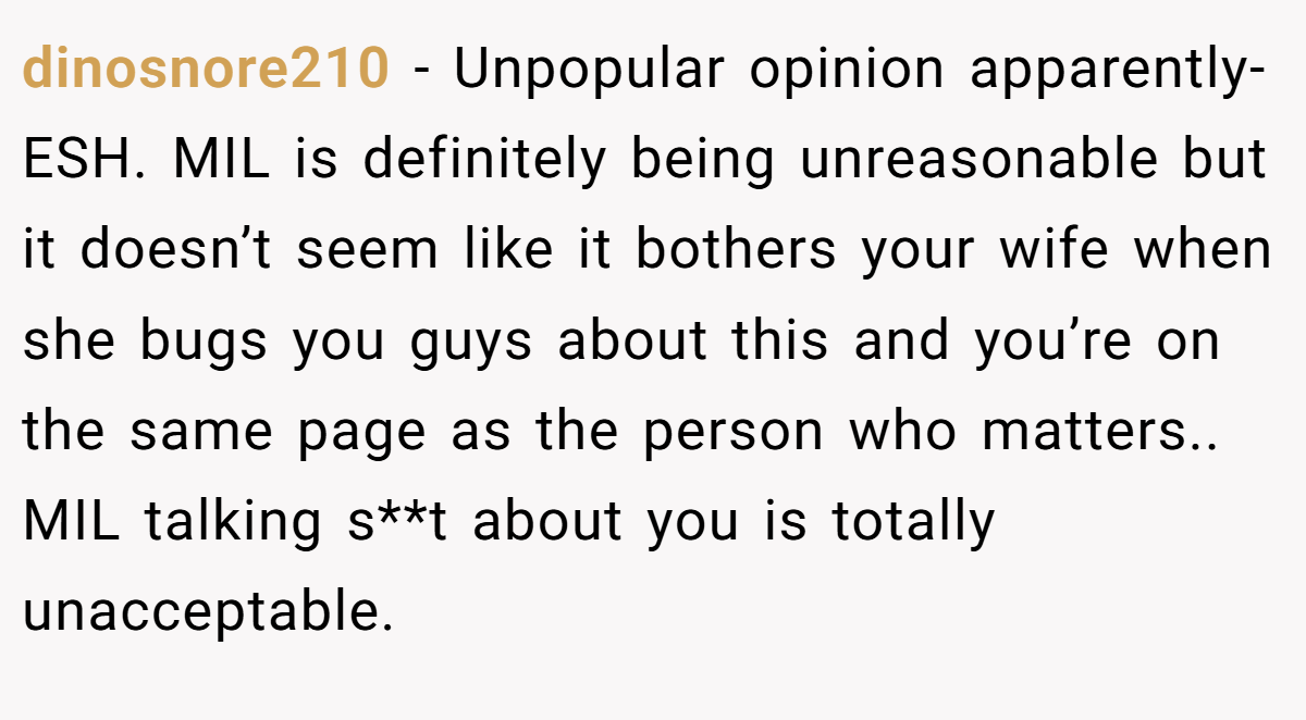 dinosnore210 - Unpopular opinion apparently- ESH. MIL is definitely being unreasonable but it doesn’t seem like it bothers your wife when she bugs you guys about this and you’re on the same page as the person who matters.. MIL talking s**t about you is totally unacceptable.