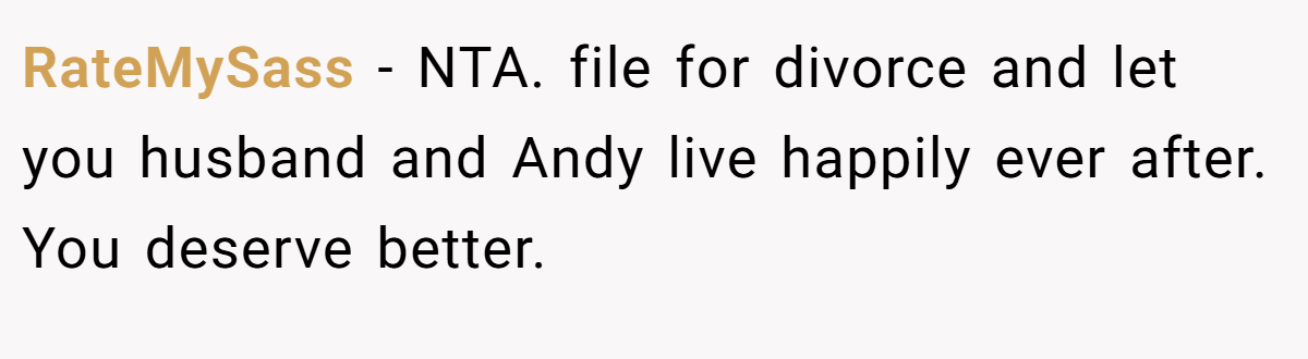 RateMySass - NTA. file for divorce and let you husband and Andy live happily ever after. You deserve better.
