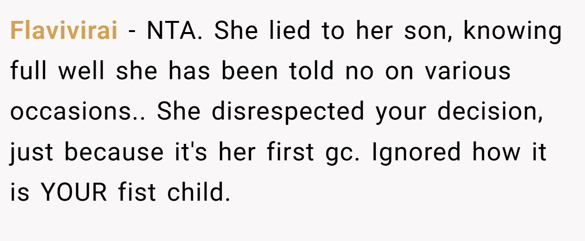 Flavivirai − NTA. She lied to her son, knowing full well she has been told no on various occasions.. She disrespected your decision, just because it's her first gc. Ignored how it is YOUR fist child.