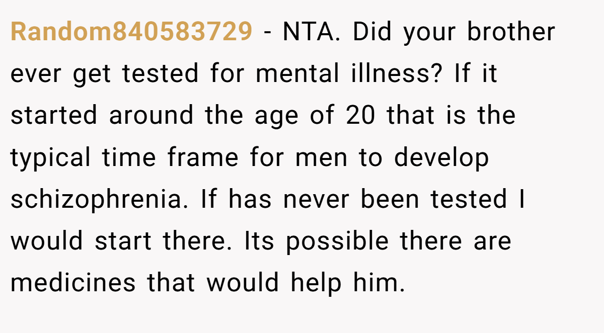 Random840583729 - NTA. Did your brother ever get tested for mental illness? If it started around the age of 20 that is the typical time frame for men to develop schizophrenia. If has never been tested I would start there. Its possible there are medicines that would help him.
