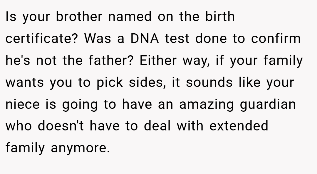 Is your brother named on the birth certificate? Was a DNA test done to confirm he's not the father? Either way, if your family wants you to pick sides, it sounds like your niece is going to have an amazing guardian who doesn't have to deal with extended family anymore.
