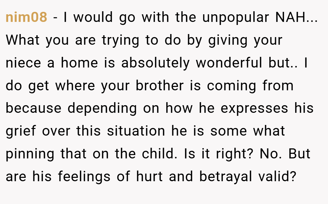 nim08 − I would go with the unpopular NAH... What you are trying to do by giving your niece a home is absolutely wonderful but.. I do get where your brother is coming from because depending on how he expresses his grief over this situation he is some what pinning that on the child. Is it right? No. But are his feelings of hurt and betrayal valid?