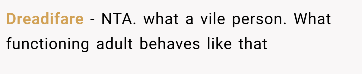 Dreadifare − NTA. what a vile person. What functioning adult behaves like that