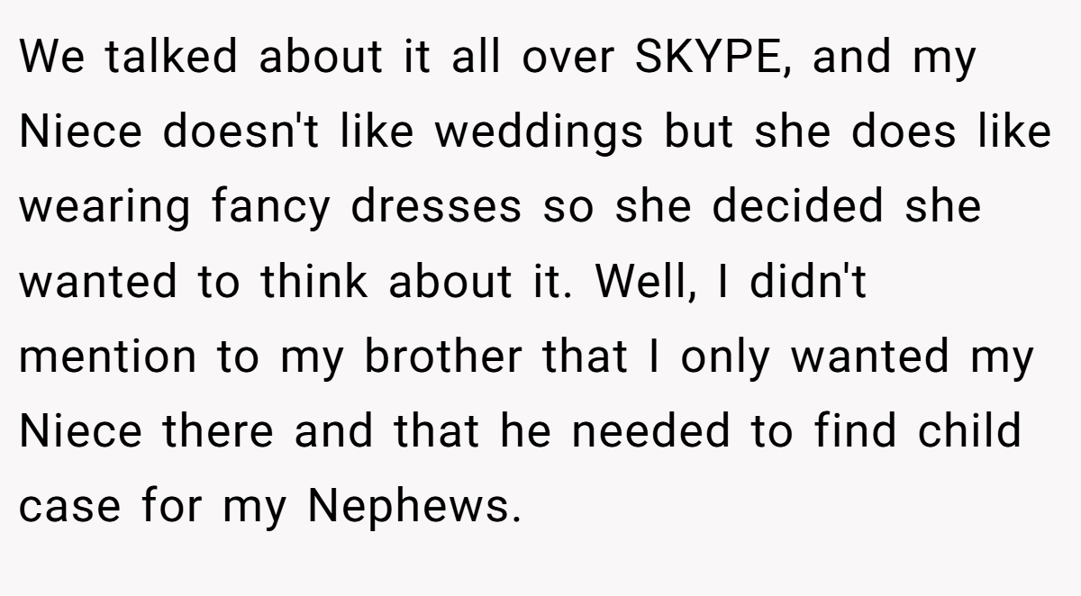 We talked about it all over SKYPE, and my Niece doesn't like weddings but she does like wearing fancy dresses so she decided she wanted to think about it. Well, I didn't mention to my brother that I only wanted my Niece there and that he needed to find child case for my Nephews.