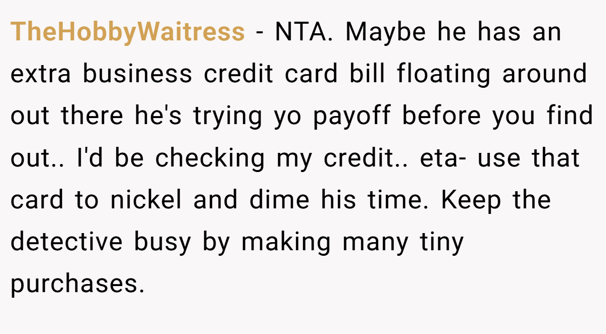 TheHobbyWaitress − NTA. Maybe he has an extra business credit card bill floating around out there he's trying yo payoff before you find out.. I'd be checking my credit.. eta- use that card to nickel and dime his time. Keep the detective busy by making many tiny purchases.