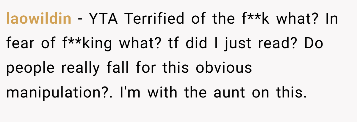 laowildin − YTA Terrified of the f**k what? In fear of f**king what? tf did I just read? Do people really fall for this obvious manipulation?. I'm with the aunt on this.