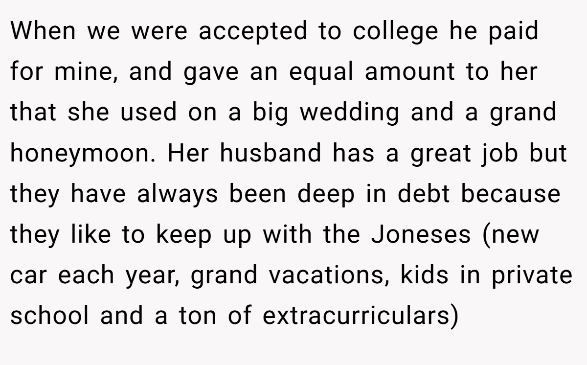 When we were accepted to college he paid for mine, and gave an equal amount to her that she used on a big wedding and a grand honeymoon. Her husband has a great job but they have always been deep in debt because they like to keep up with the Joneses (new car each year, grand vacations, kids in private school and a ton of extracurriculars)
