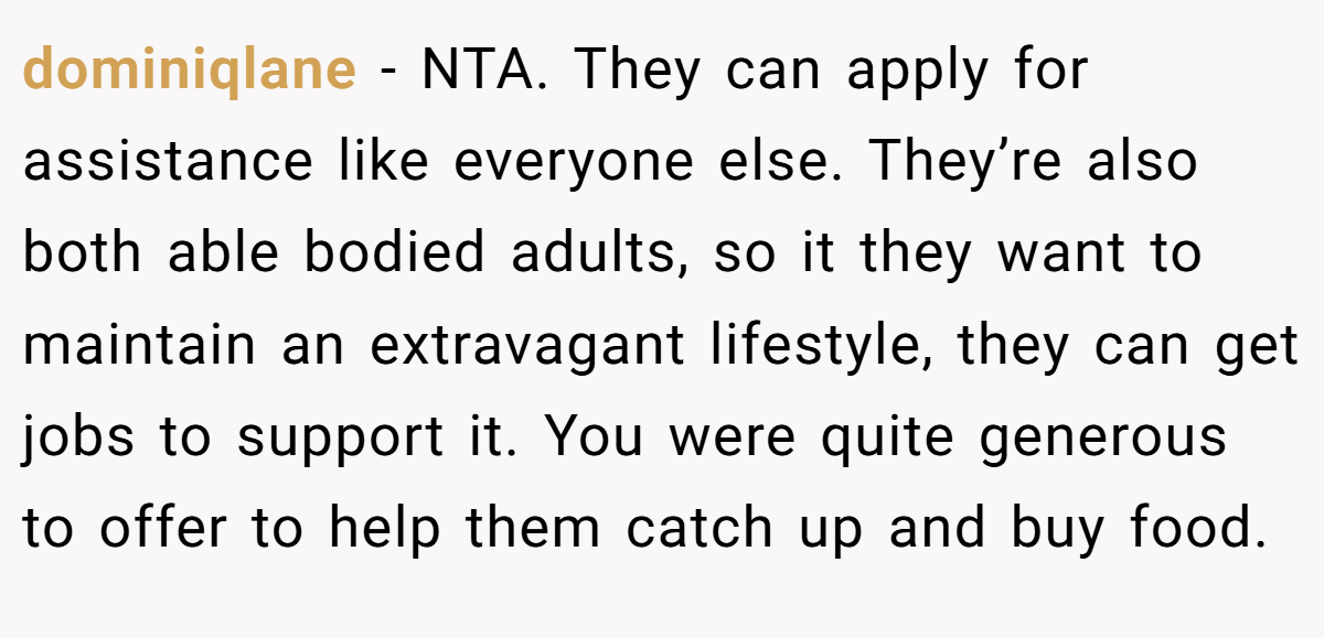 dominiqlane − NTA. They can apply for assistance like everyone else. They’re also both able bodied adults, so it they want to maintain an extravagant lifestyle, they can get jobs to support it. You were quite generous to offer to help them catch up and buy food.