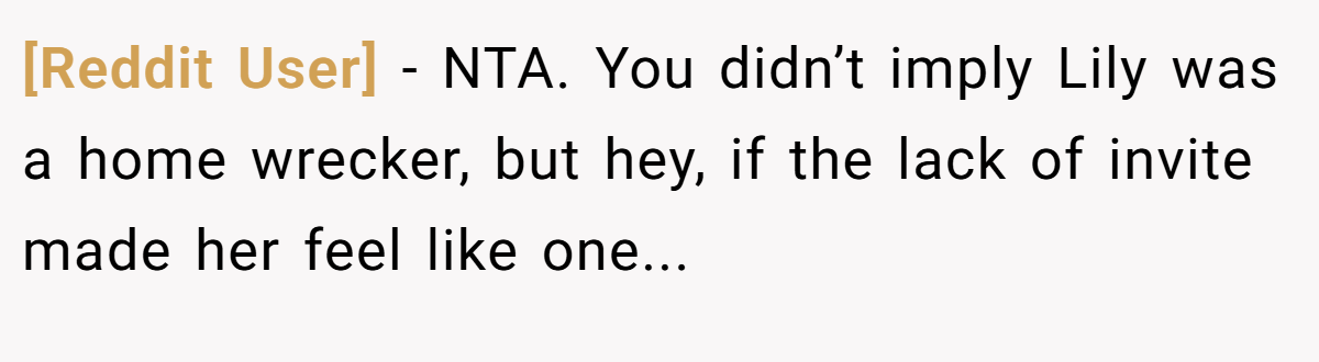 [Reddit User] − NTA. You didn’t imply Lily was a home wrecker, but hey, if the lack of invite made her feel like one...