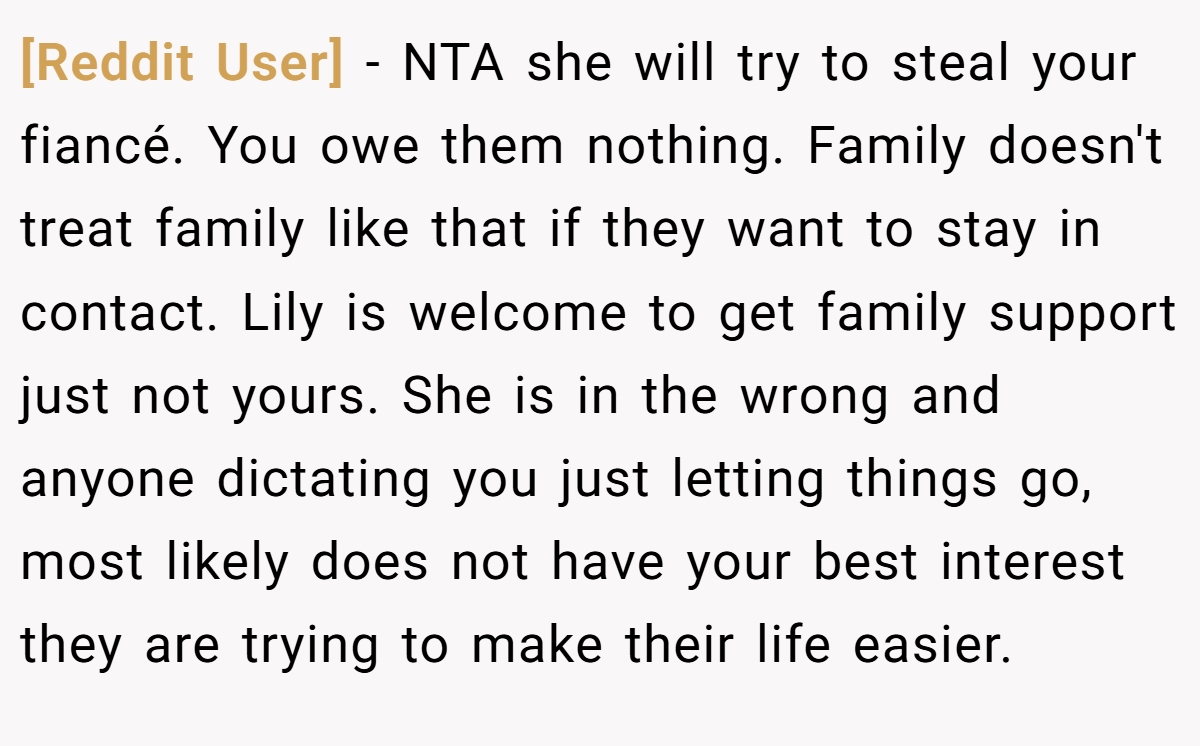 [Reddit User] − NTA she will try to steal your fiancé. You owe them nothing. Family doesn't treat family like that if they want to stay in contact. Lily is welcome to get family support just not yours. She is in the wrong and anyone dictating you just letting things go, most likely does not have your best interest they are trying to make their life easier.