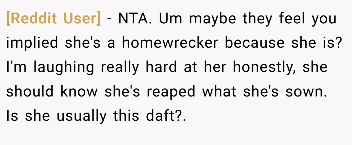 [Reddit User] − NTA. Um maybe they feel you implied she's a homewrecker because she is? I'm laughing really hard at her honestly, she should know she's reaped what she's sown. Is she usually this daft?.