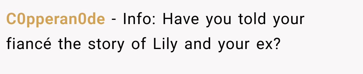 C0pperan0de − Info: Have you told your fiancé the story of Lily and your ex?
