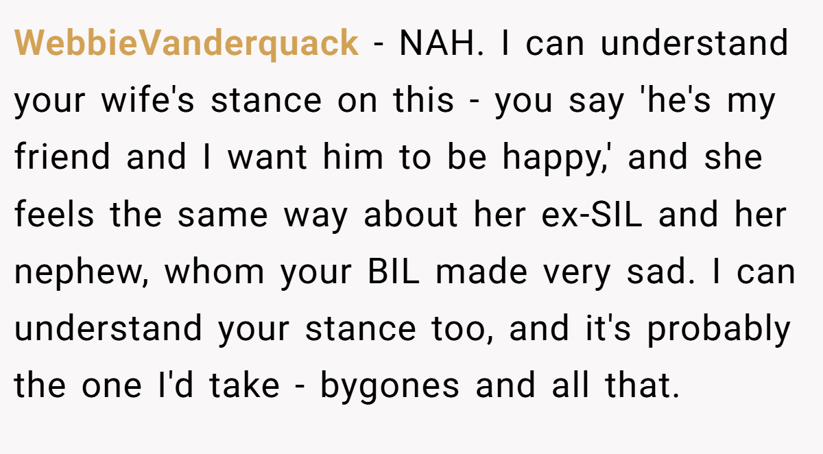 WebbieVanderquack − NAH. I can understand your wife's stance on this - you say 'he's my friend and I want him to be happy,' and she feels the same way about her ex-SIL and her nephew, whom your BIL made very sad. I can understand your stance too, and it's probably the one I'd take - bygones and all that.
