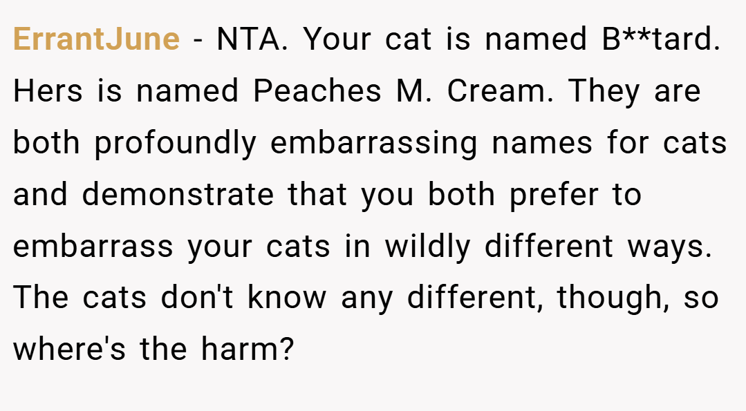 ErrantJune − NTA. Your cat is named B**tard. Hers is named Peaches M. Cream. They are both profoundly embarrassing names for cats and demonstrate that you both prefer to embarrass your cats in wildly different ways. The cats don't know any different, though, so where's the harm?