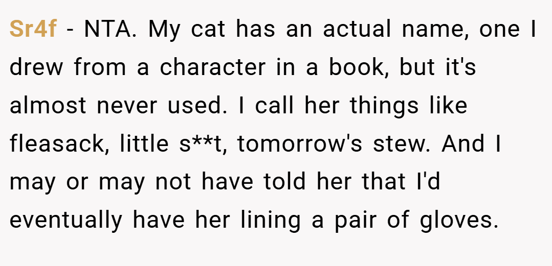 Sr4f − NTA. My cat has an actual name, one I drew from a character in a book, but it's almost never used. I call her things like fleasack, little s**t, tomorrow's stew. And I may or may not have told her that I'd eventually have her lining a pair of gloves.