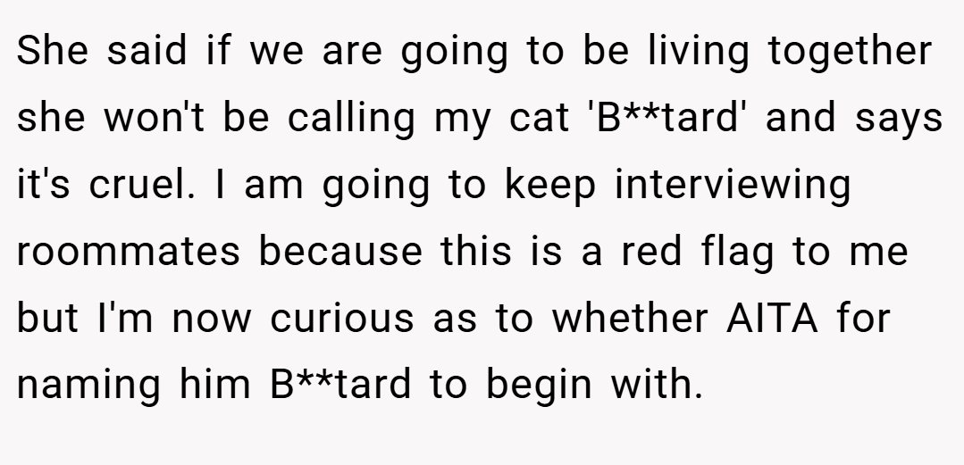 She said if we are going to be living together she won't be calling my cat 'B**tard' and says it's cruel. I am going to keep interviewing roommates because this is a red flag to me but I'm now curious as to whether AITA for naming him B**tard to begin with.