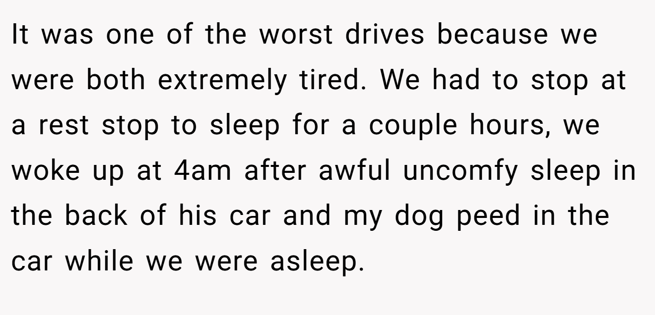 It was one of the worst drives because we were both extremely tired. We had to stop at a rest stop to sleep for a couple hours, we woke up at 4am after awful uncomfy sleep in the back of his car and my dog peed in the car while we were asleep.
