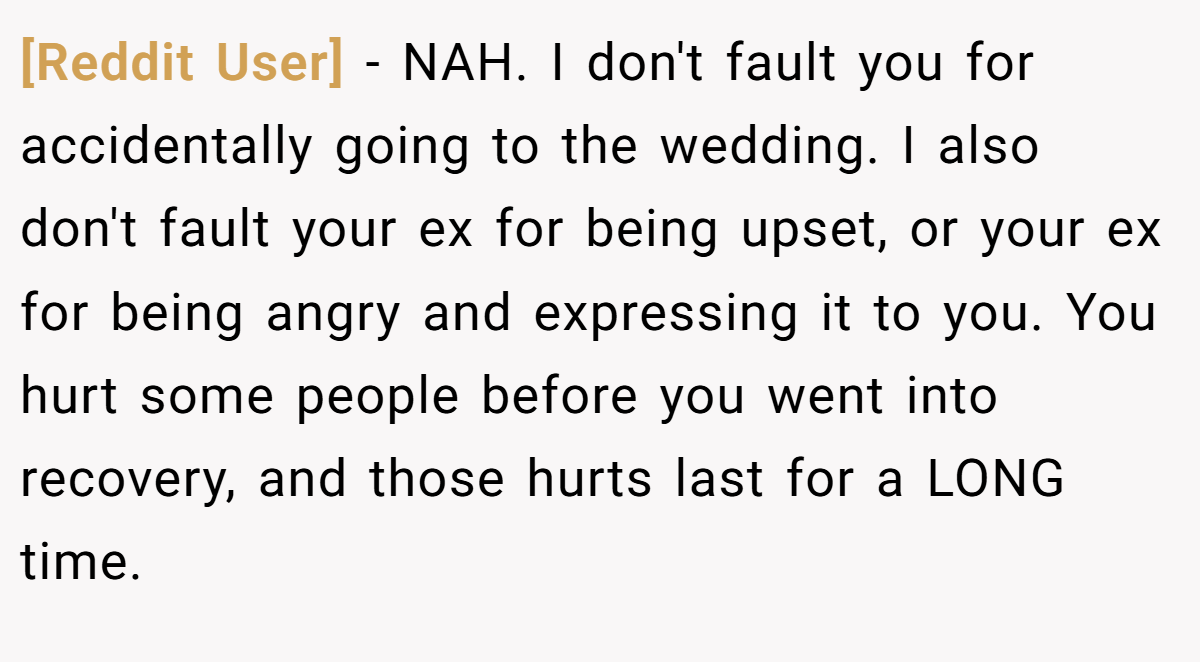 [Reddit User] − NAH. I don't fault you for accidentally going to the wedding. I also don't fault your ex for being upset, or your ex for being angry and expressing it to you. You hurt some people before you went into recovery, and those hurts last for a LONG time.